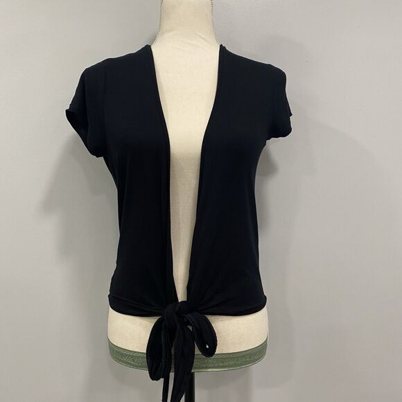 MAJESTIC PARIS L Black Super Washed Soft Touch Open Tie Front Short Sleeve Top 4 - Picture 1 of 12